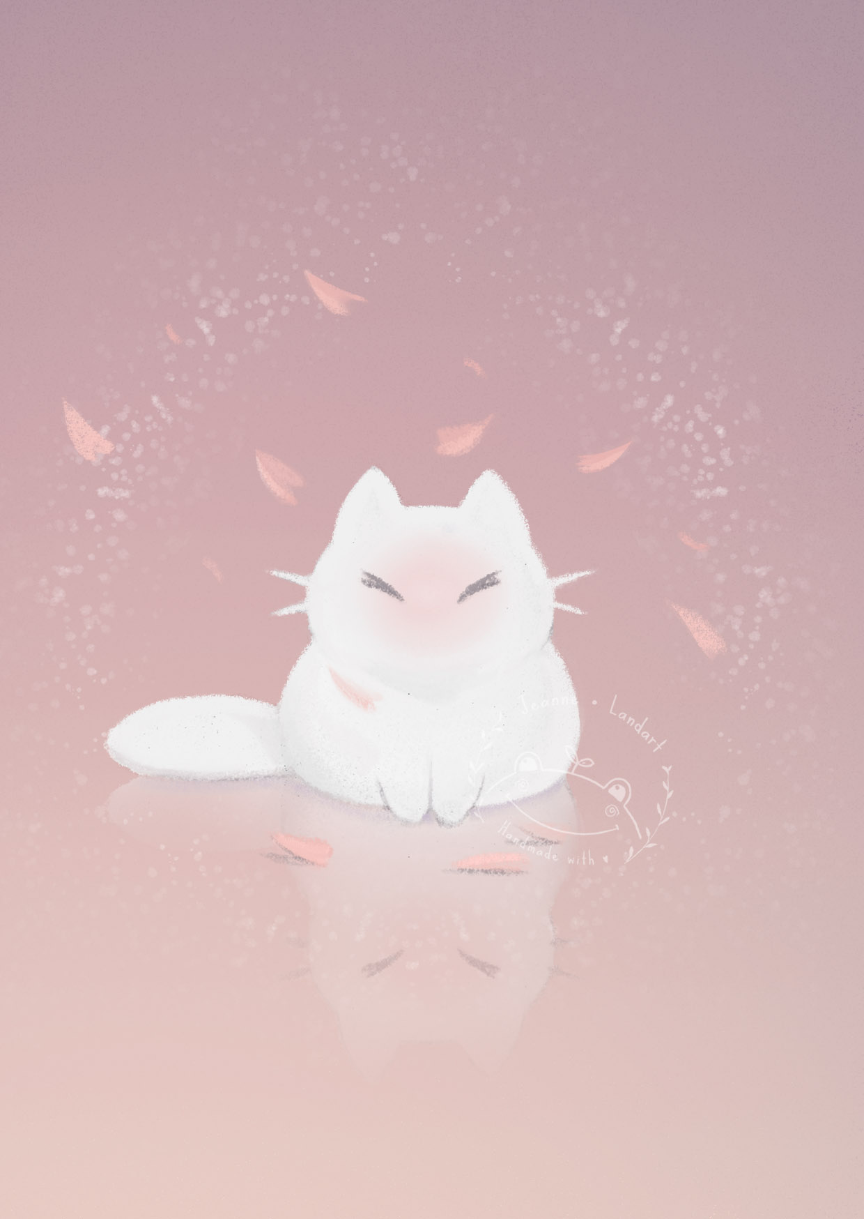 Card of a white cat in a spring scenery